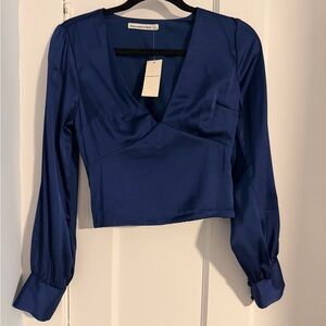 Abercrombie & Fitch Royal Blue Satin Cropped V-Neck Blouse